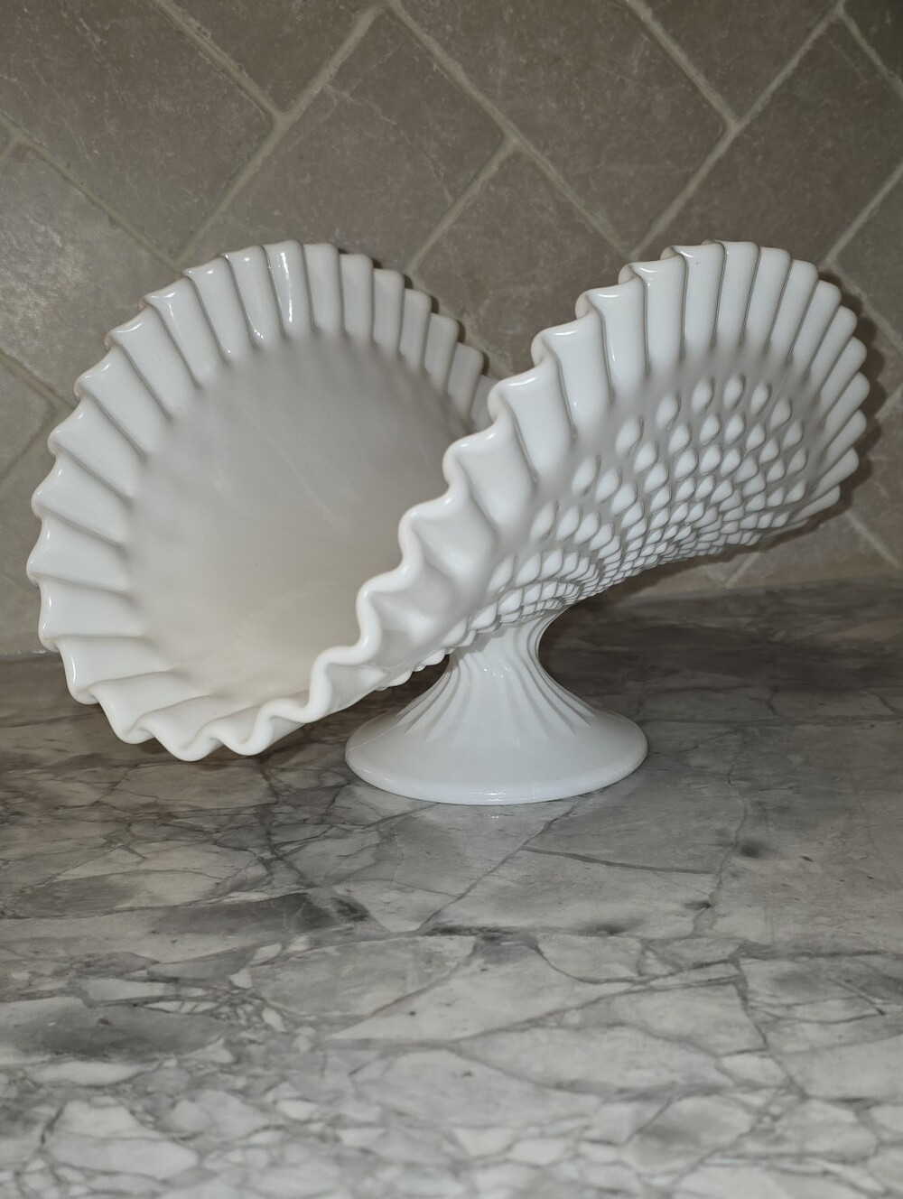 Vintage Fenton Art Glass White Milkglass Hobnail Banana Bowl Plate Cottagecore